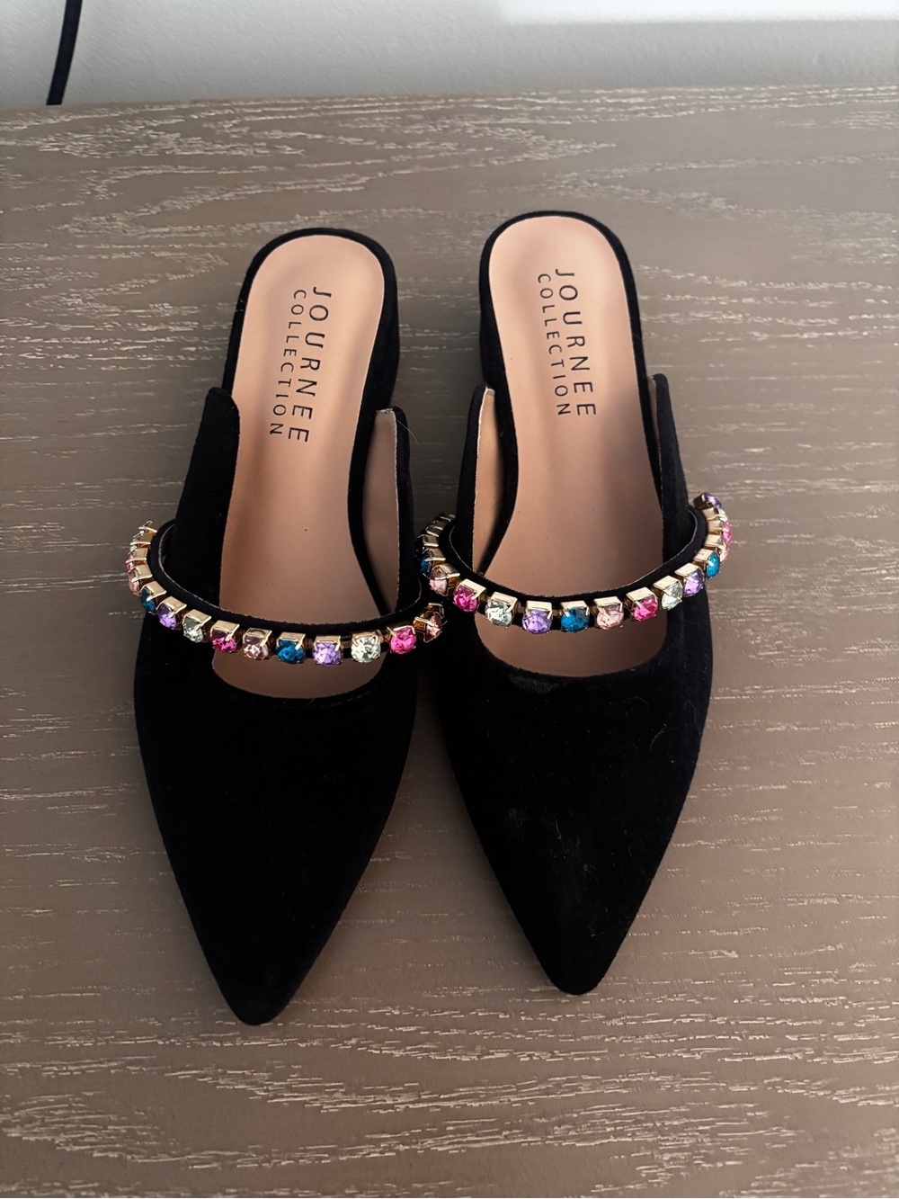 Journee Collection Black Pointed Mule with Multicolor Gem Strap Accent